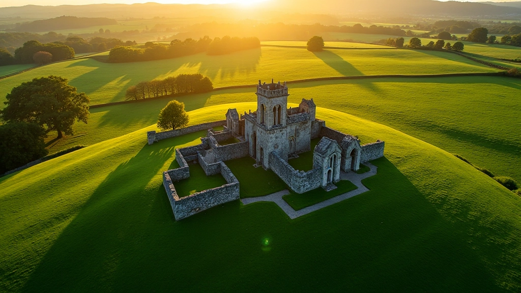 Scenic view of Rock of Cashel surrounded by green meadows and historic grounds in Tipperary
