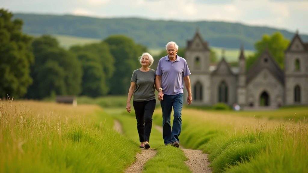 Senior couple walking on peaceful grass path near historic stone cathedral ruins with green fields in background